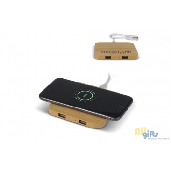Bild des Werbegeschenks:Bamboo Wireless charger with 2 USB hubs 5W