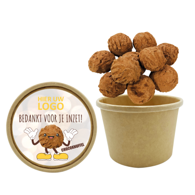 Bild des Werbegeschenks:Bio Snoepbeker 145 gram Chocolade Truffels (incl. dekselsticker)