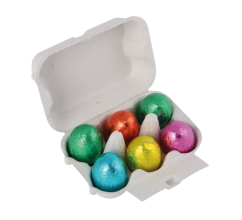 Eierdoosje 9,5 x 7 x 4 cm, gevuld met 6 paaseitjes bedrucken