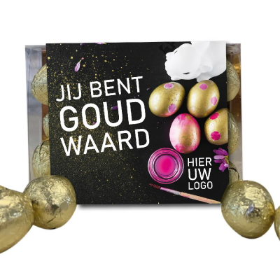 Bild des Werbegeschenks:Geschenk doosje met 12 gouden chocolade paaseitjes - inclusief banderol