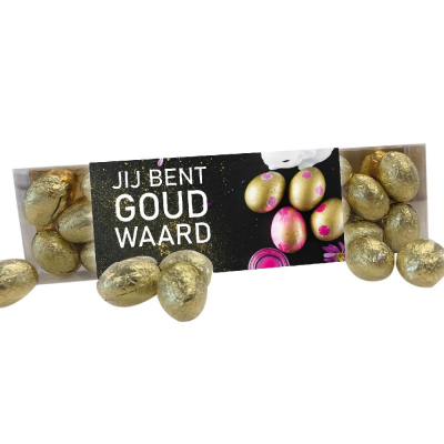 Bild des Werbegeschenks:Doosje met 23 chocolade gouden paaseitjes - inclusief banderol