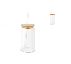 Glas mit Bambusdeckel & Strohhalm 450ml bedrucken