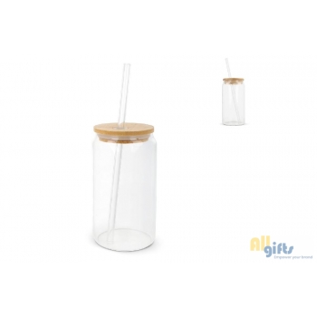 Bild des Werbegeschenks:Glas mit Bambusdeckel & Strohhalm 450ml