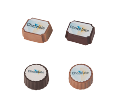 Logobonbon van puur/melk chocolade met hazelnoot praline, rechthoekig of rond, met wi bedrucken