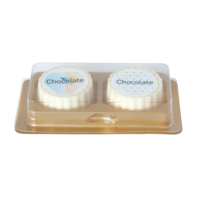 Bild des Werbegeschenks:Logobonbon van witte chocolade met hazelnoot praline, rechthoekig of rond, opdruk tot