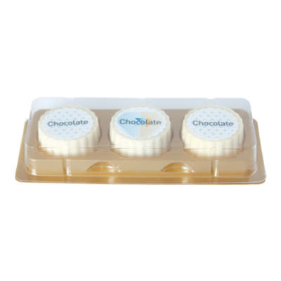 Bild des Werbegeschenks:Logobonbon van witte chocolade met hazelnoot praline, rechthoekig of rond, opdruk tot