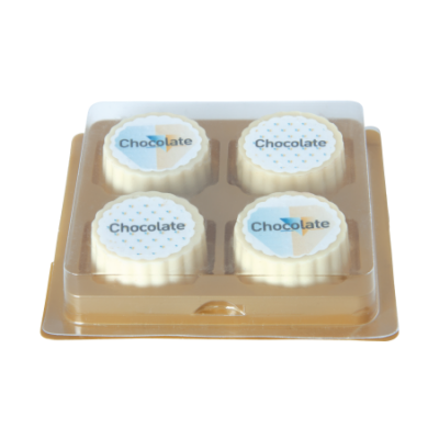 Bild des Werbegeschenks:Logobonbon van witte chocolade met hazelnoot praline, rechthoekig of rond, opdruk tot