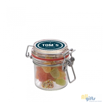 Bild des Werbegeschenks:Midi Weckglas 0,25 L gefüllt mit Süßigkeiten