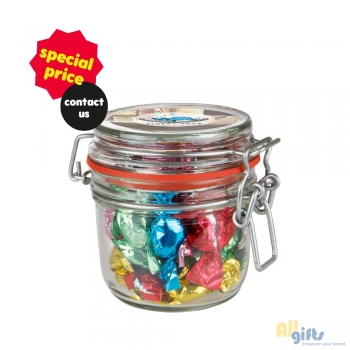 Bild des Werbegeschenks:Midi Weckglas 0,25 L gefüllt mit Süßigkeiten