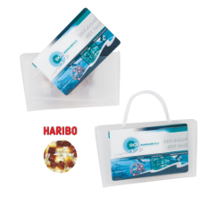 Mini visitekaart tasje transparant gevuld met 50 gr. Haribo colaflesjes ONBEDRUKT bedrucken