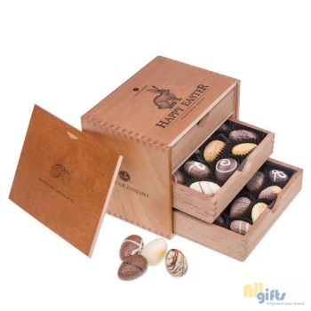 Bild des Werbegeschenks:Egg Grande - Chocolade paaseitjes Houten kistje met chocolade paaseitjes