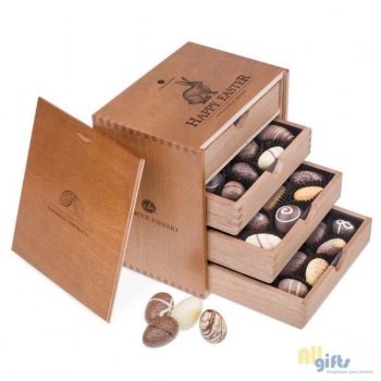 Bild des Werbegeschenks:Egg Massimo - Chocolade paaseitjes Chocolade Paaseitjes in een houten kistje
