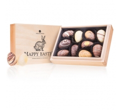 Premiere Mini - Easter - Chocolade paaseitjes Chocolade paaseitjes in houten kistje bedrucken