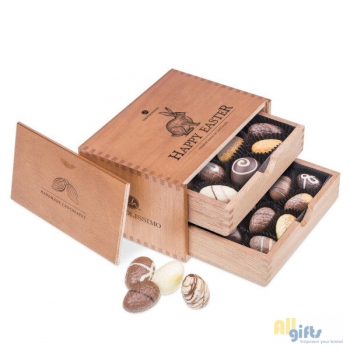 Bild des Werbegeschenks:Egg Chocolaterie - Chocolade paaseitjes Chocolade Paaseitjes in houten kistje