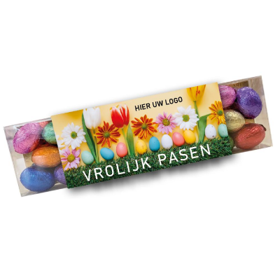 Bild des Werbegeschenks:Doosje met 23 chocolade kleur paaseitjes - inclusief banderol