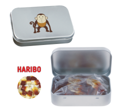 Scharnierblik met ca. 60 gr. Haribo colaflesjes bedrucken