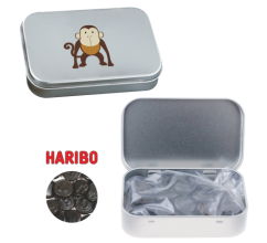 Scharnierblik met ca. 60 gr. Haribo dropgeld  bedrucken