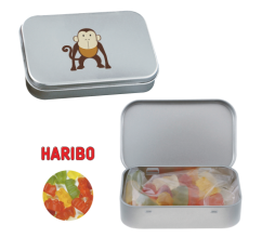Scharnierblik met ca. 60 gr. Haribo gummibeertjes bedrucken