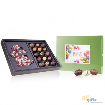 Bild des Werbegeschenks:Pasen - ChocoPostcard - Maxi - Puur - Met chocolade paaseitjes Paaschocolade en een p