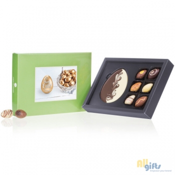 Bild des Werbegeschenks:Pasen ChocoPostcard Midi - Chocolade paaseitjes Chocolade tablet met paaseitjes