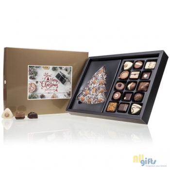 Bild des Werbegeschenks:Xmas ChocoPostcard - Maxi - Gold - Pralines Chocolade kerstgeschenk met postkaart